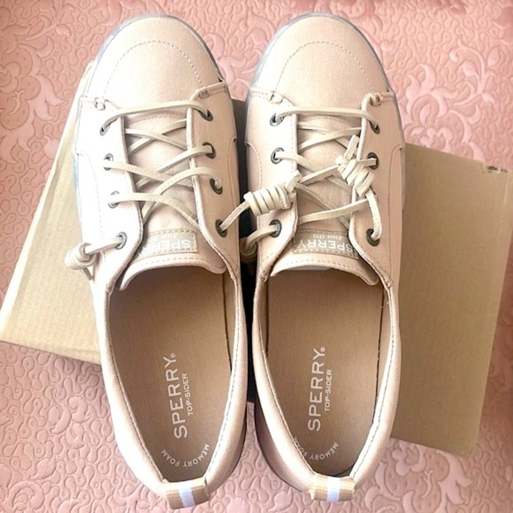 Brand New Sperry Crest Vibe Platform Sneakers Beige Green Leaf Tropical Neutral - Picture 11 of 16